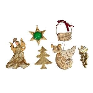 Lot of 6 Vtg Gold Christmas Ornaments Angels Trees 60s 70s Davco Basket Filigree